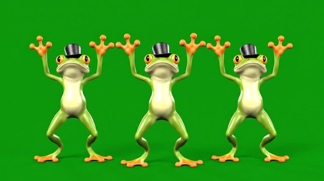 Three cartoon frogs wearing black hats dancing synchronously on green screen background for animation and editing projects