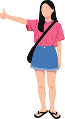 Fototapeta premium Full body vector illustration of a young woman with long black hair wearing a pink t-shirt and blue shorts showing a thumbs up sign on white background.