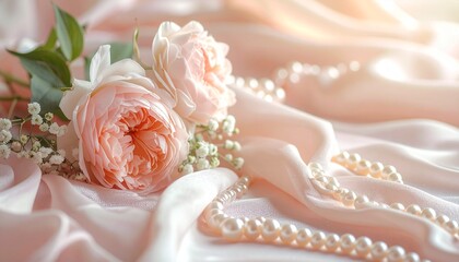 Fototapeta premium Two delicate pink roses and a string of elegant pearls resting on soft, shimmering satin fabric, creating a romantic and luxurious scene.