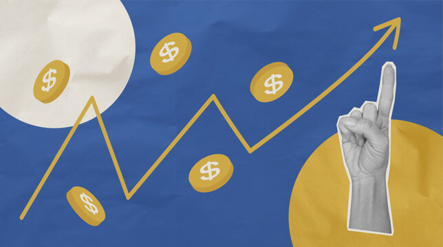 Halftone business growth with collage hand texture and cutout finance banner. Arrow paper vintage with dollar and finger pop poster. Abstract design halftone with screen retro. VECTOR EPS