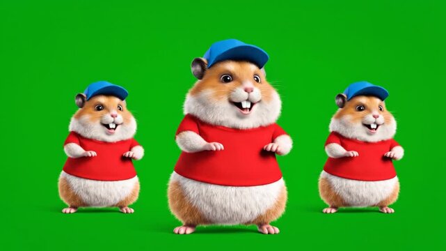 Three animated hamsters wearing red shirts and blue caps dancing energetically on a green screen background, joyful movement, funny characters, celebration, fun, happy, dancing rodents