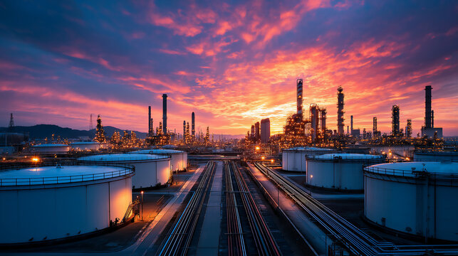 arge oil refinery industrial landscape, pipelines and storage tanks