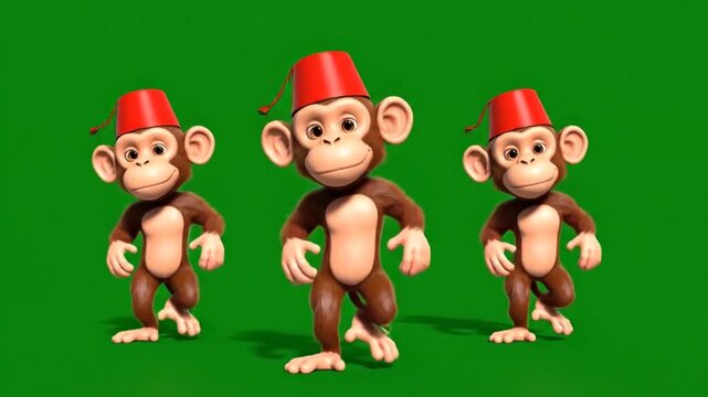 Three cartoon monkeys wearing red fez hats dancing joyfully with raised arms on a green screen background, symbolizing playful entertainment and lighthearted fun in a vibrant animation clip.