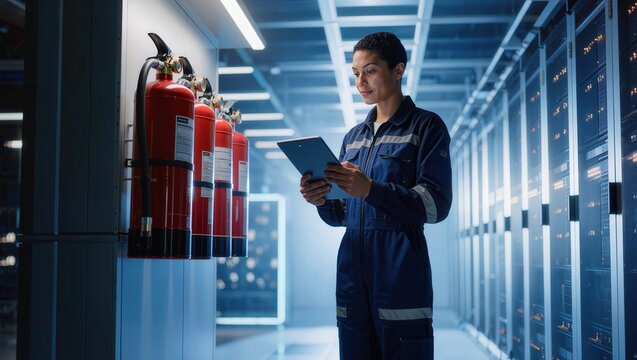 Female technician performing safety inspection in data center using digital tablet for IT facility management and fire safety compliance concept