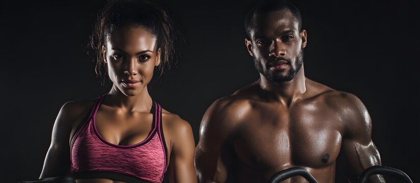 A fitness couple is doing weight training exercises together at the gym.