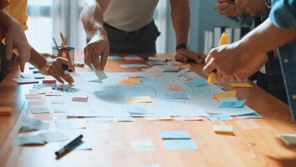 Obraz premium Close up of developer team using mind map to brainstorm idea. Top view of skilled group of business people working together writing marketing strategy by using markers and sticky notes. Symposium.