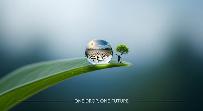 Water droplet on a green leaf with blurred background