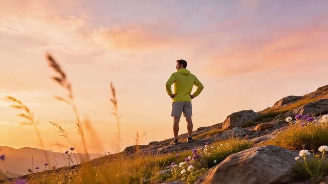 Man in bright yellow jacket standing on mountain ridge at golden hour, hands on hips, gazing at sunset over wildflower meadow &mdash; solitude, adventure, and inspiration