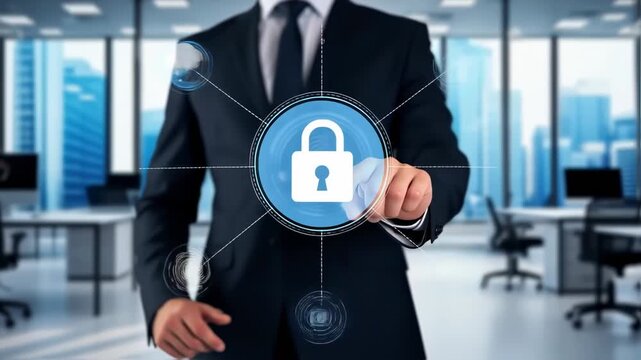 A businessman in a suit touches a digital screen with security elements. Office is in the blurred background