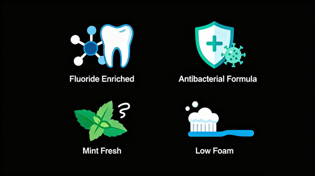 Fluorinated dental care, antibacterial formula, mint refreshing, low foaming clean oral care icon, comprehensive oral health protection, suitable for toothpaste oral care promotion scenes.
