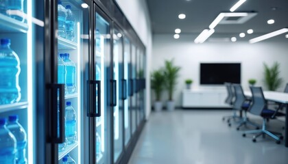 Naklejka premium Office area with glass door coolers filled with bottled water. Nearby is a conference room with chairs, table, and screen. Plants add a touch of nature.