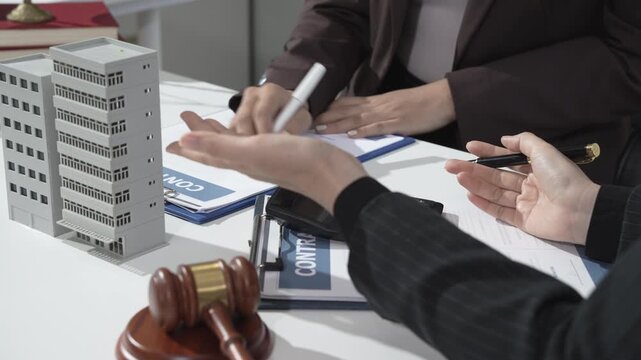 Business meeting on real estate contract signing with calculator, documents, model building and judge gavel on desk, symbolizing property finance, legal agreement and investment.