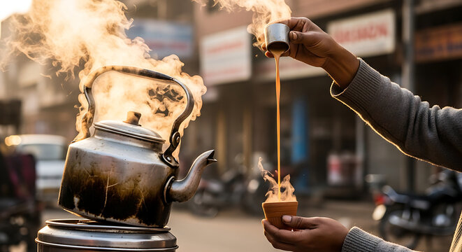 Street vendor pulling hot steaming masala chai into a traditional clay cup