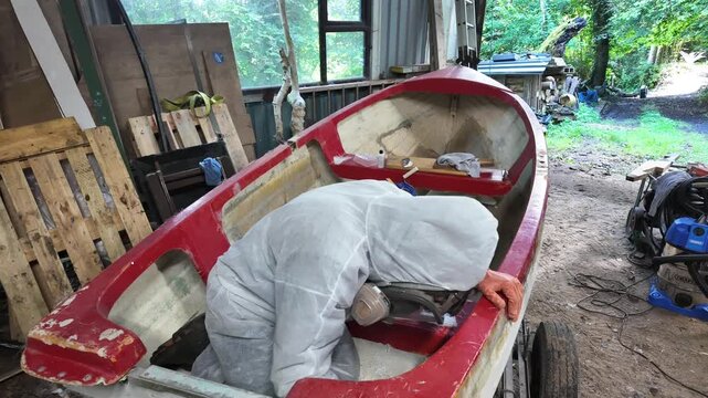 Repairing damaged fiberglass fishing boat timelapse