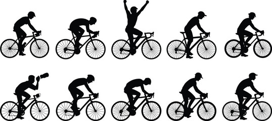 Obraz premium Silhouette, set, of, cyclists, riding, road, bikes, in, various, poses, racing, training, celebrating, sports, activity, isolated, vector, illustration, collection, dynamic