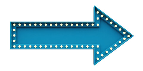 Obraz premium Decorative Blue Marquee Arrow with Luminous Light Bulbs, Evoking a Classic Theater or Carnival Atmosphere, Isolated on White