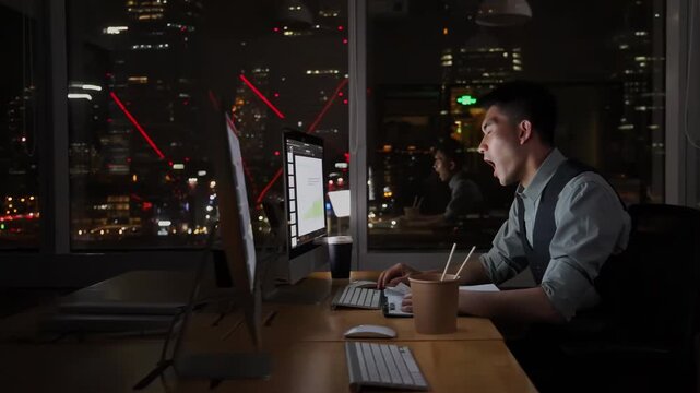 Tired business people working late in an office at night, feeling stressed and overwhelmed by mounting work pressures and trying to meet a deadline