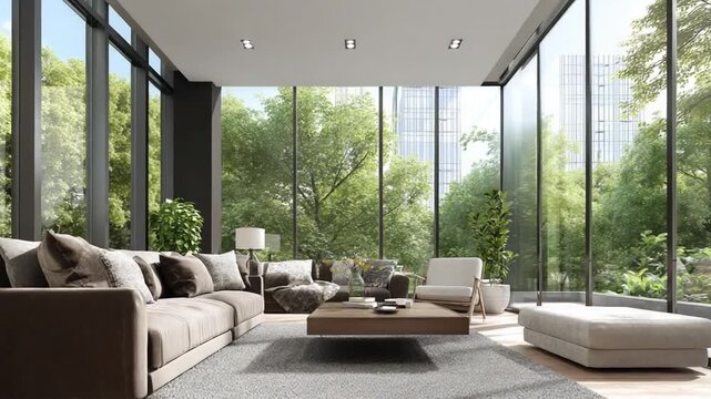Modern living room with large windows and natural greenery view
