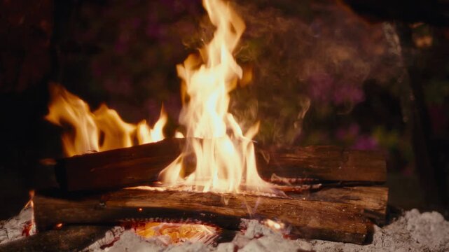 Warm fire crackles over logs in dusk. Flames dance high above glowing embers. Ashes settle gently in white bed of coals. Soft purple blooms blur behind smoky haze. Cozy, inviting, peaceful scene