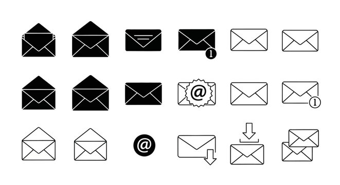 Minimalist flat vector illustration set of email and envelope icons arranged in a clean grid layout.
