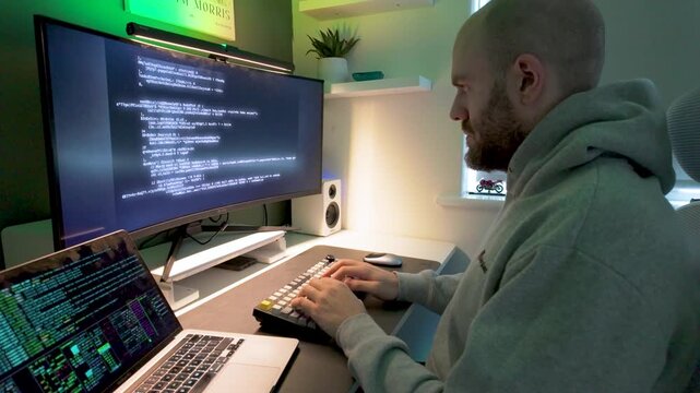 Side view of a developer typing code on dual monitors with green ambient glow