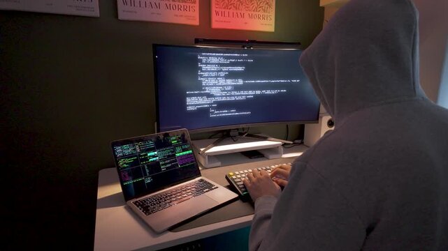 Side view of hooded hacker coding on laptop and monitor with code and red-green backlighting