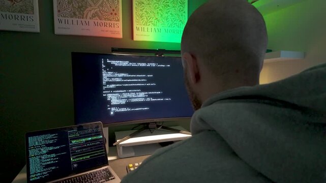 Rear view of programmer typing on dual monitors with code lines and red-green backlighting