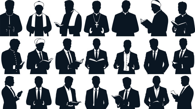 Religious leaders silhouettes collection featuring priests, imams, and clergy reading sacred texts, representing spirituality, faith, worship practices, and diverse religious traditions in formal 