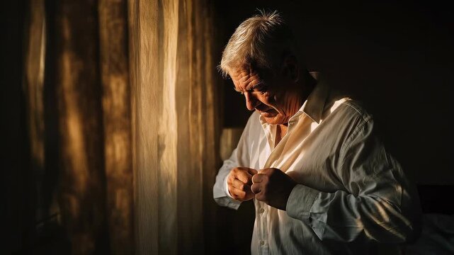 70-year-old man with Parkinson's slowly buttoning his shirt alone in a quiet sunlit bedroom, visible effort and concentration on his face