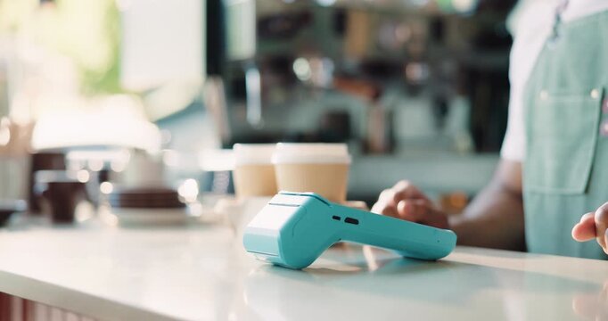 Hands, phone and pos with barista at cafe with easy payment, click and paperless transaction. People, server and customer experience with drinks, smartphone and fintech app with waiter coffee shop
