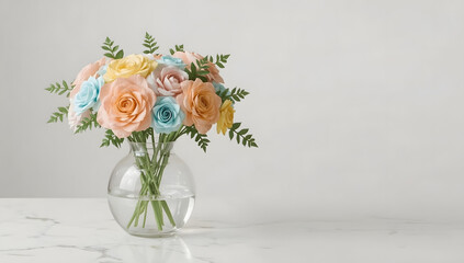Fototapeta premium Bouquet of pastel roses inside a glass vase on marble. Elegant decor. 