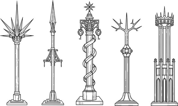 Fantasy ornamental pillars and magical columns set with spiked, gothic and mystical designs, decorative architectural elements isolated vector illustration for game, medieval and fantasy design