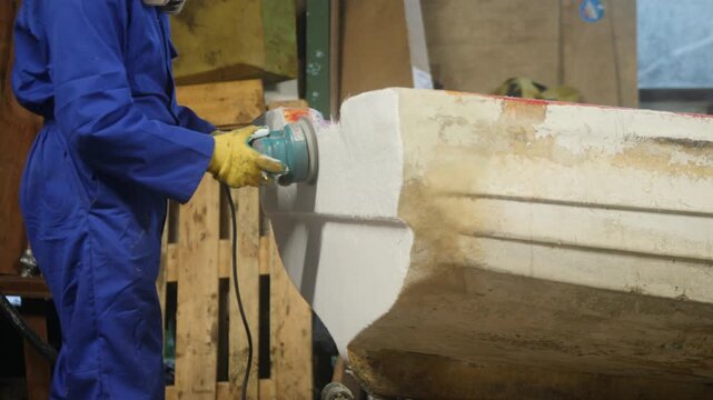 Sanding transom of fiberglass fishing boat with orbital sander