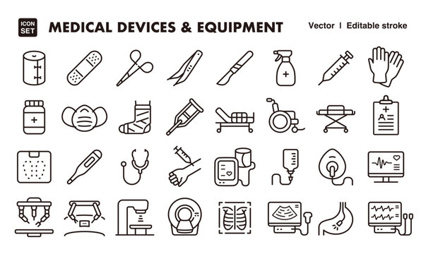 Medical Devices and Equipment Icon Set &ndash; Editable Line Style