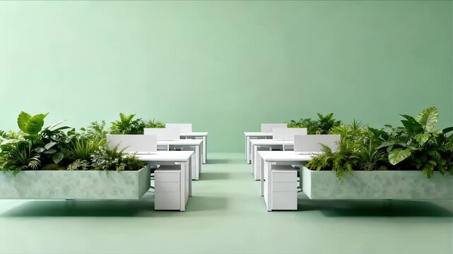 3d render of minimalist open plan office with floating planters and lush greenery