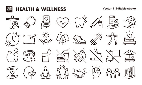 Health and Wellness Icon Set &ndash; Editable Line Style