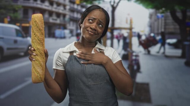 Woman baker wearing apron holding baguette upright, hand on chest gesture on a city street with buildings and a van; pride.