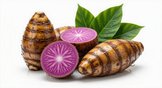 Fresh Purple Taro Roots with Green Leaves on Background root vegetable purple yam