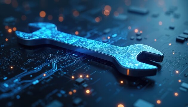 Digital wrench glows on circuit board with binary code patterns. Futuristic tool represents AI diagnostics and smart tech maintenance solutions for complex systems.
