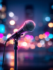 Obraz premium Professional microphone on stage with colorful bokeh lights, concept of live performance, podcast, public speaking and entertainment