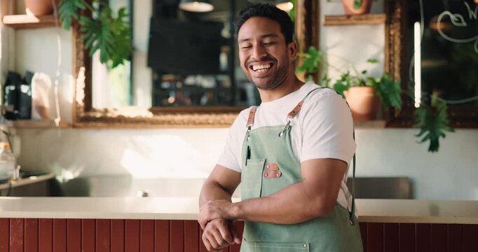 Happy, man and face of server in coffee shop for confidence in hospitality career with about us. Smile, business and portrait of male waiter with pride for customer service at cafe in Colombia.