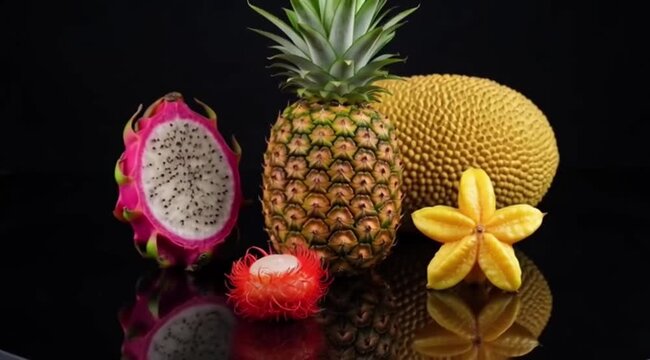 Exotic Tropical Fruits Including Dragon Fruit Pineapple Rambutan and Star Fruit Arranged on Dark Reflective Black Surface in Dramatic Studio Food Photography