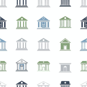A collage of diverse building icons, featuring columns and pediments in pastel colors