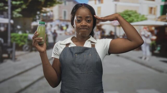 Woman in apron holding a green kiwi juice bottle in left hand and saluting with right hand on street; confidence local business.