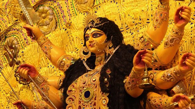 Vibrant Durga Puja celebration with beautifully decorated Maa Durga idol showing devotion, culture, and festive spirit of India.