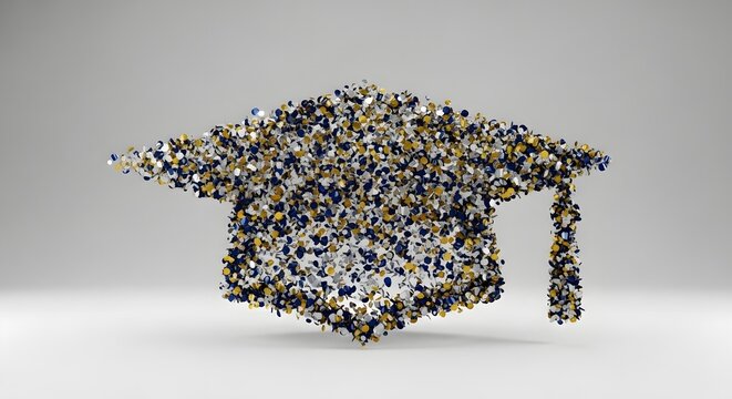 Elegant 3D conceptual art of a graduation mortarboard formed by blue and gold bokeh-style particles, perfect for luxury education branding.