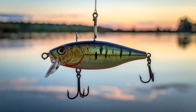 An isolated spinning lure with a sharp hook and minnow bait floats in the water as essential angling tackle for a hobbyist catching pike or bass while fishing on a lake or river