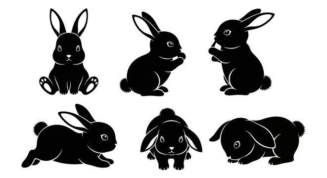 Set of Black Rabbit Silhouettes in Various Poses on White Background