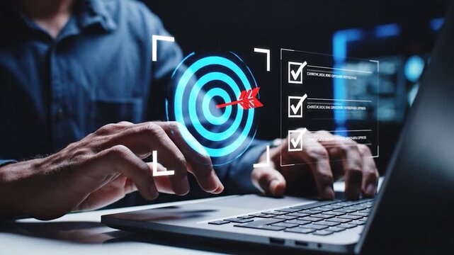 Man using laptop with digital target and checklist overlay, business goal achievement, strategic planning and objective tracking concept, dynamic motion graphic visualization