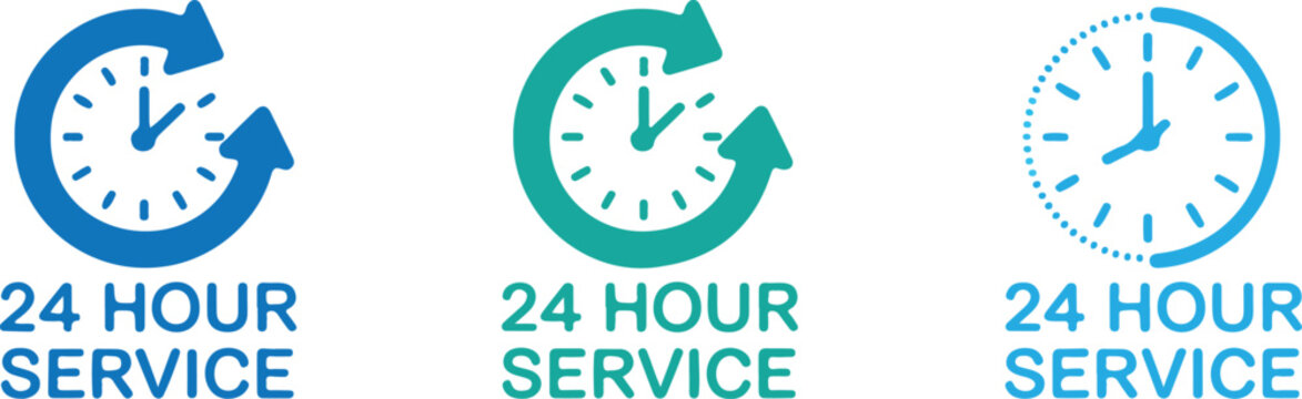 Minimalist 24 Hour Service Icon Set Showing Clock Symbols with Circular Arrows and Continuous Support Vector Design